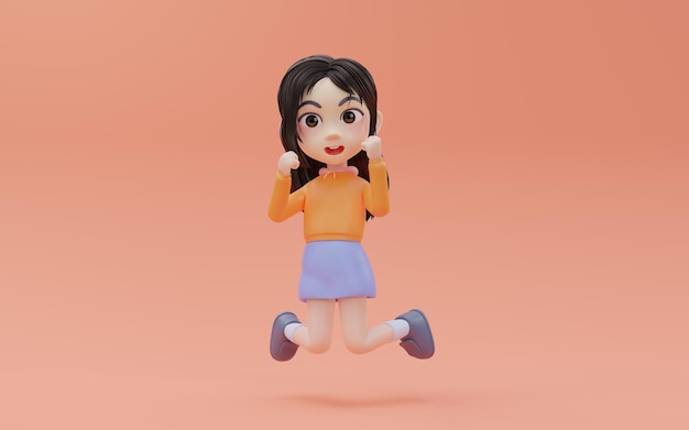 Petite fille sautant avec enthousiasme avec le rendu 3d de style dessin animé