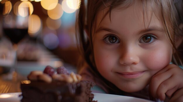 La petite fille savoure un gâteau au chocolat avec une fourchette.
