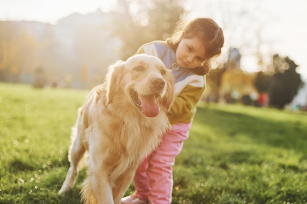 Une petite fille se promène avec un chien Golden Retriever dans le parc pendant la journée