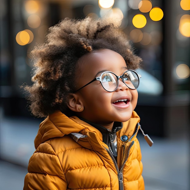 Photo une petite fille se promène en toute confiance dans la rue avec des lunettes embrassées par des couleurs vives.