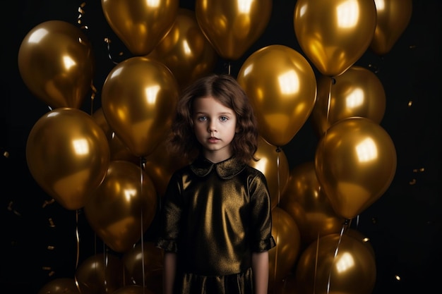 Une petite fille se tient devant des ballons d'or.