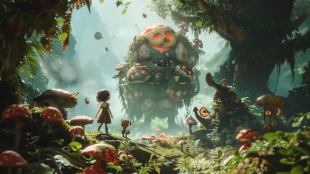 Photo une petite fille se tient devant une créature géante en forme de champignon dans la forêt la créature est faite de champignons et a un visage gentil