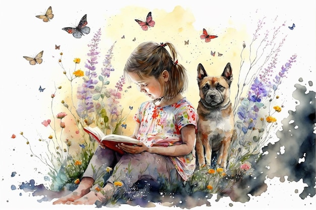 La petite fille se tient parmi les fleurs et lit un livre avec un sourire