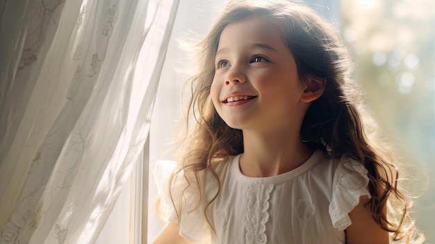 Une petite fille se tient près d'une fenêtre ensoleillée son visage rayonnant de bonheur alors qu'elle regarde dehors l'intérieur blanc ajoute à la pureté du moment