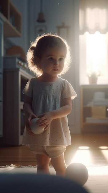 Une petite fille se tient sur le sol dans un salon tenant une boule blanche.