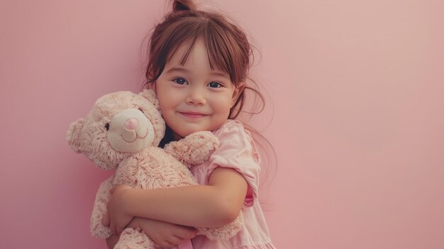 Une petite fille serrant un jouet en peluche sur un fond rose pastel