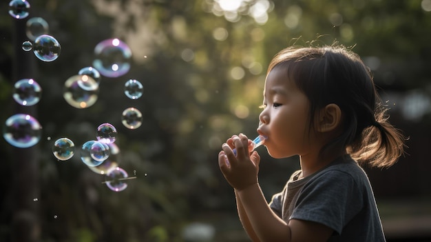 Une petite fille soufflant des bulles au soleil