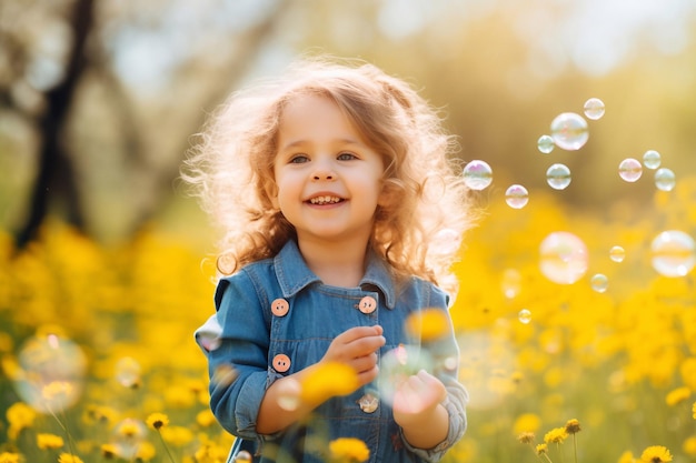 Une petite fille soufflant des bulles de savon portrait de printemps.