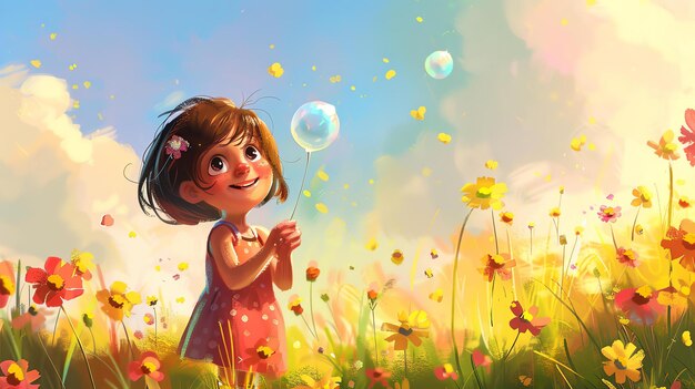 La petite fille souffle des bulles dans un champ de fleurs le soleil brille et les oiseaux chantent elle est heureuse et insouciante