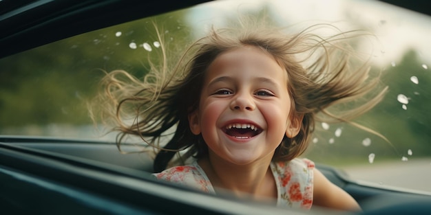 une petite fille souriant malicieusement par la fenêtre d'une voiture