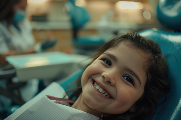 Une petite fille souriante dans la chaise du dentiste avec sa technologie dentaire derrière elle.