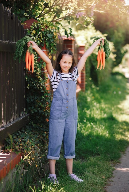 Une petite fille souriante dans un jardin tient deux grappes de carottes fraîches verticales