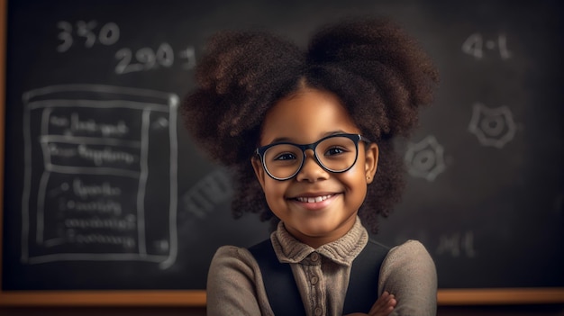 Petite fille souriante debout devant un tableau noir d'écoleCréé avec la technologie Generative AI