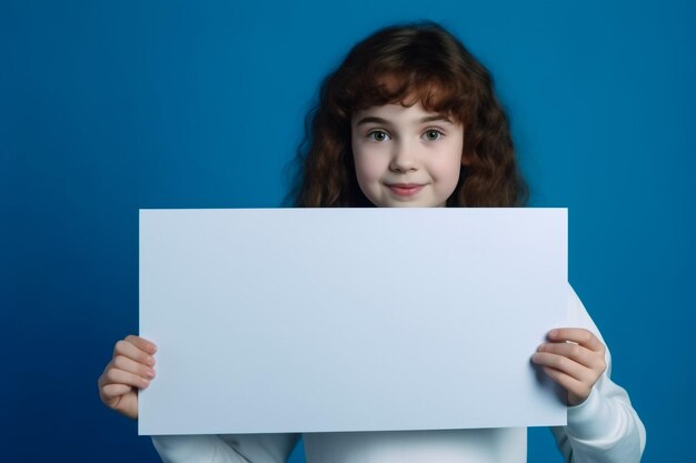 Une petite fille souriante et émotive dans le parc avec une affiche blanche.
