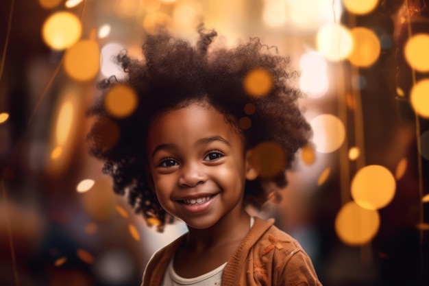 Une petite fille souriante heureuse célébrant son anniversaire avec des bougies en arrière-plan