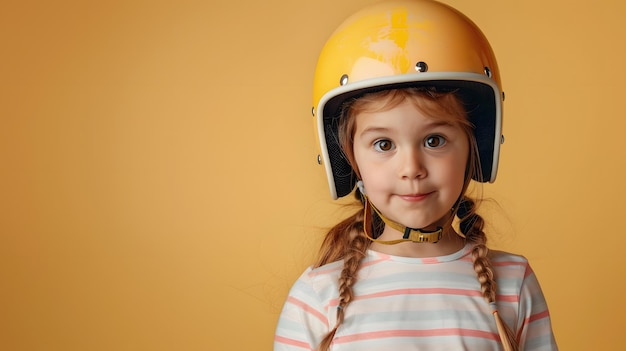 Une petite fille souriante portant un casque de moto sur un fond isolé