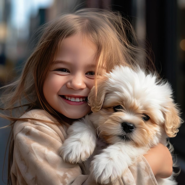 Petite fille souriante tenant un chiot