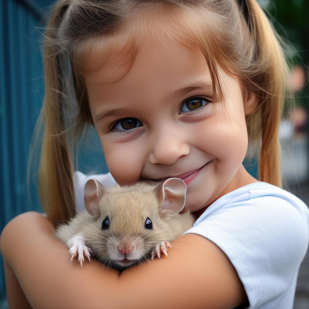 Petite fille souriante tenant un hamster