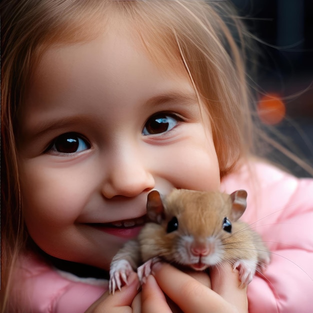 Petite fille souriante tenant un hamster