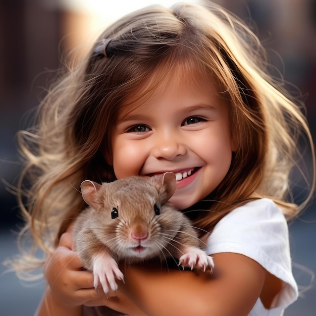Petite fille souriante tenant un hamster