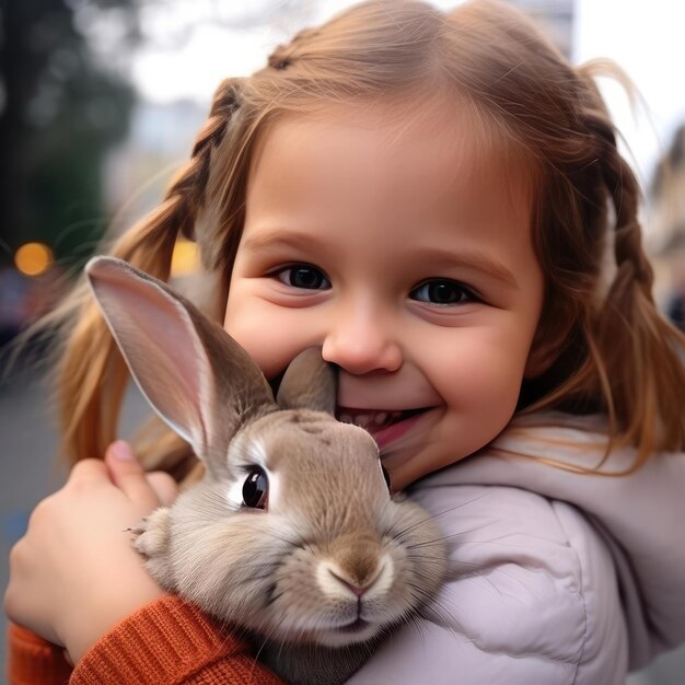 Une petite fille souriante tenant un lapin