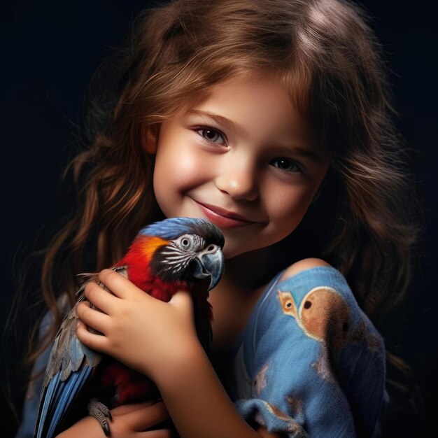 Petite fille souriante tenant un perroquet