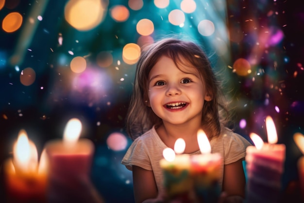 Une petite fille sourit avec des bougies en arrière-plan