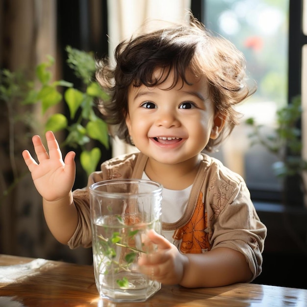 Une petite fille sourit et tient un verre d'eau.