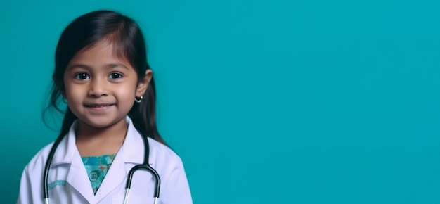 Une petite fille avec un stéthoscope sur le cou se tient dans une blouse blanche