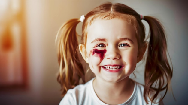 une petite fille avec une tache noire sur le visage