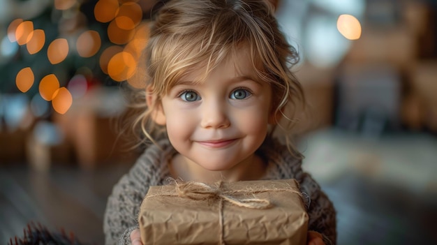 Petite fille tenant une boîte brune arbre de Noël Arrière-plan