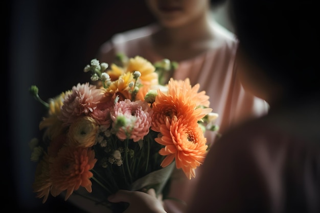 Petite fille tenant un bouquet de fleurs générative ai