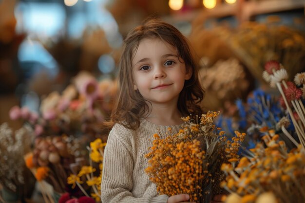 Une petite fille tenant un bouquet de fleurs