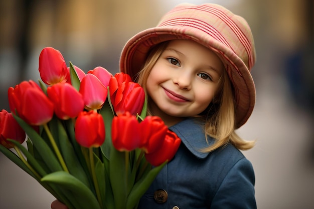 une petite fille tenant un bouquet de tulipes rouges