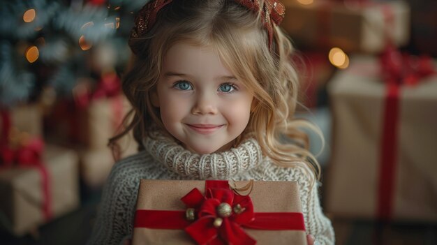 Une petite fille tenant un cadeau devant l'arbre de Noël