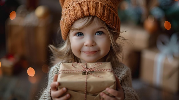 Une petite fille tenant un cadeau enveloppé dans un arbre de Noël