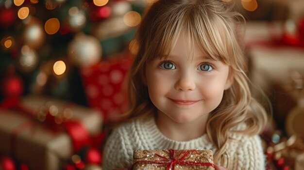 Petite fille tenant un cadeau près de l'arbre de Noël