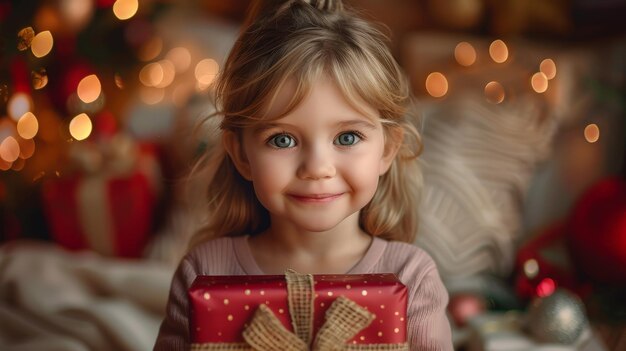 Petite fille tenant un cadeau rouge devant l'arbre de Noël