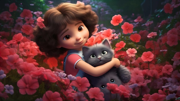 Une petite fille tenant un chat dans un jardin de fruits génère de l'IA