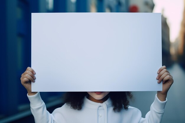 une petite fille tenant une feuille blanche une petite fille mignonne avec une feuille de papier blanche fond bleu espace pour le texte une petite fille tient un morceau de papier vide
