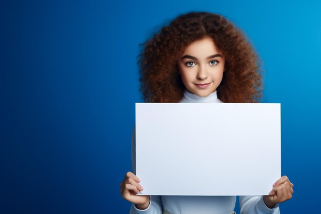 une petite fille tenant une feuille blanche une petite fille mignonne avec une feuille de papier blanche fond bleu espace pour le texte une petite fille tient un morceau de papier vide