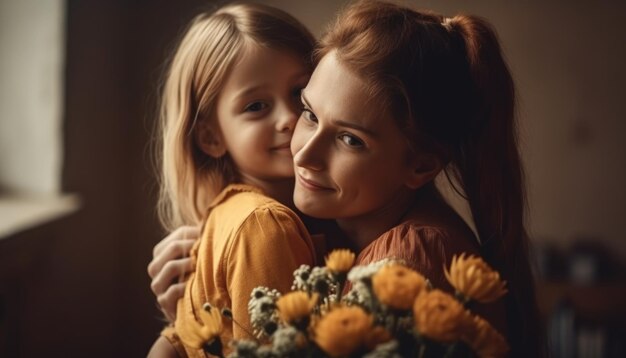 Petite fille tenant des fleurs étreignant sa mère et célébrant la fête des mères Generative AI