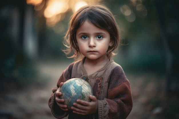 Photo petite fille tenant un globe dans sa main concept futur de nouvelle génération ia générative