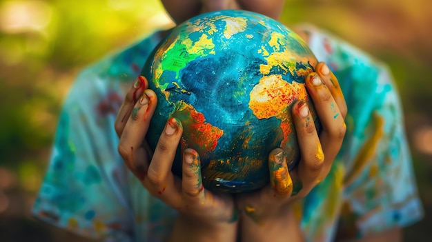 Photo une petite fille tenant un globe peint dans ses mains le concept de la protection de l'environnement et de la planète terre