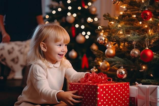 Une petite fille tenant une grande boîte à cadeaux sur le fond d'un arbre de Noël surprise du Nouvel An