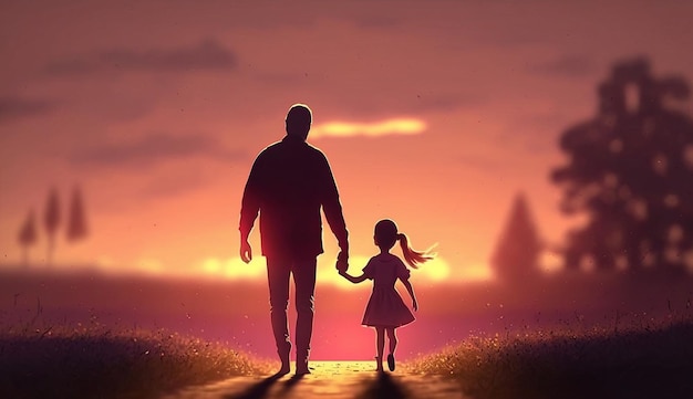 Petite fille tenant la main de son père dans l'image du coucher du soleil Art généré par Ai