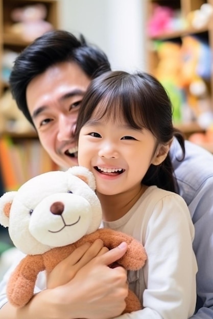 une petite fille tenant un ours en peluche et souriante