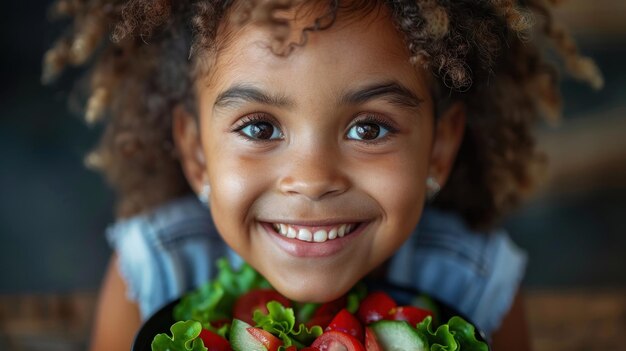 Une petite fille tenant un plat de légumes