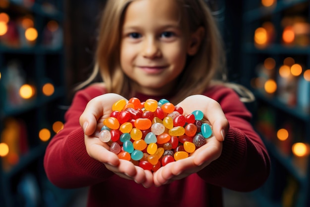 Une petite fille tenant un tas de bonbons dans ses mains