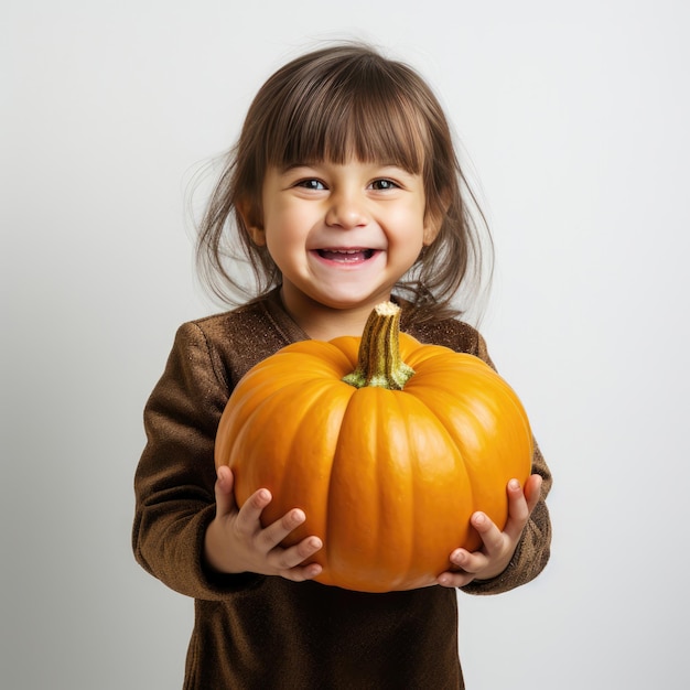 Photo petite fille de thanksgiving tenant une citrouille isolée sur un fond blanc